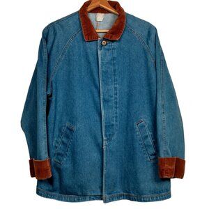 Vintage Denim Jean Jacket Barn Coat Women L XL Brown Corduroy Collar